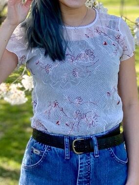 Sheer Floral Embroidered Short Sleeve Top